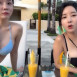 야한 끈비키니 입고 썬베드에 누은 지효 X E다연