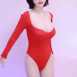 BJ 루루 빨간 골지 하이레그 바디슈트 가슴골