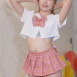 모델 백설탕 스쿨룩 크롭 셔츠 짧은 체크 치마 팬티 노출